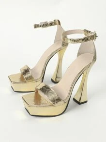 Metallic Snakeskin Embossed Pyramid Heeled Ankle Strap Sandals - Gold - View 7