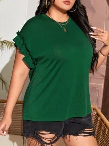 SHEIN LUNE Plus Frill Trim Batwing Sleeve Tee - Green - View 3