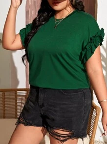 SHEIN LUNE Plus Frill Trim Batwing Sleeve Tee - Green - View 5