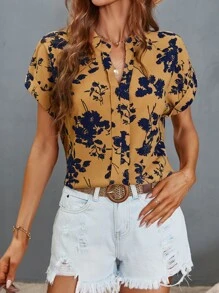 SHEIN VCAY Blusa con estampado floral de cuello de muesca - Amarillo - Ver 1