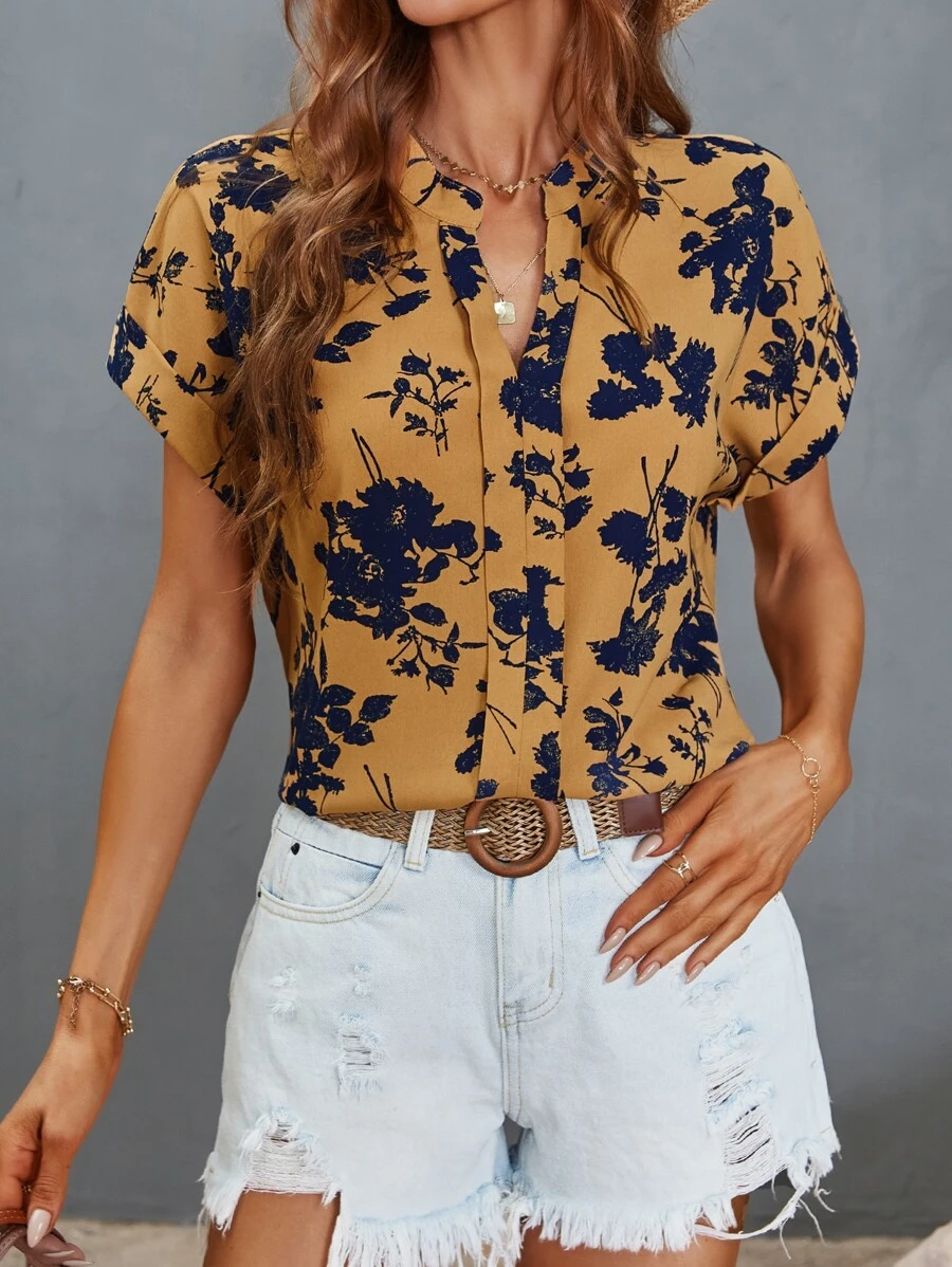SHEIN VCAY Blusa con estampado floral de cuello de muesca - Amarillo - Ver 1