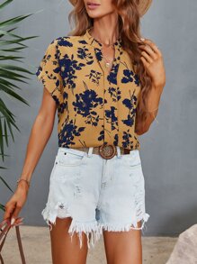 SHEIN VCAY Blusa con estampado floral de cuello de muesca - Amarillo - Ver 3