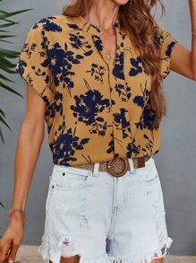 SHEIN VCAY Blusa con estampado floral de cuello de muesca - Amarillo - Ver 6
