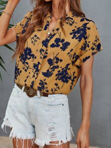 SHEIN VCAY Blusa con estampado floral de cuello de muesca - Amarillo - Ver 7