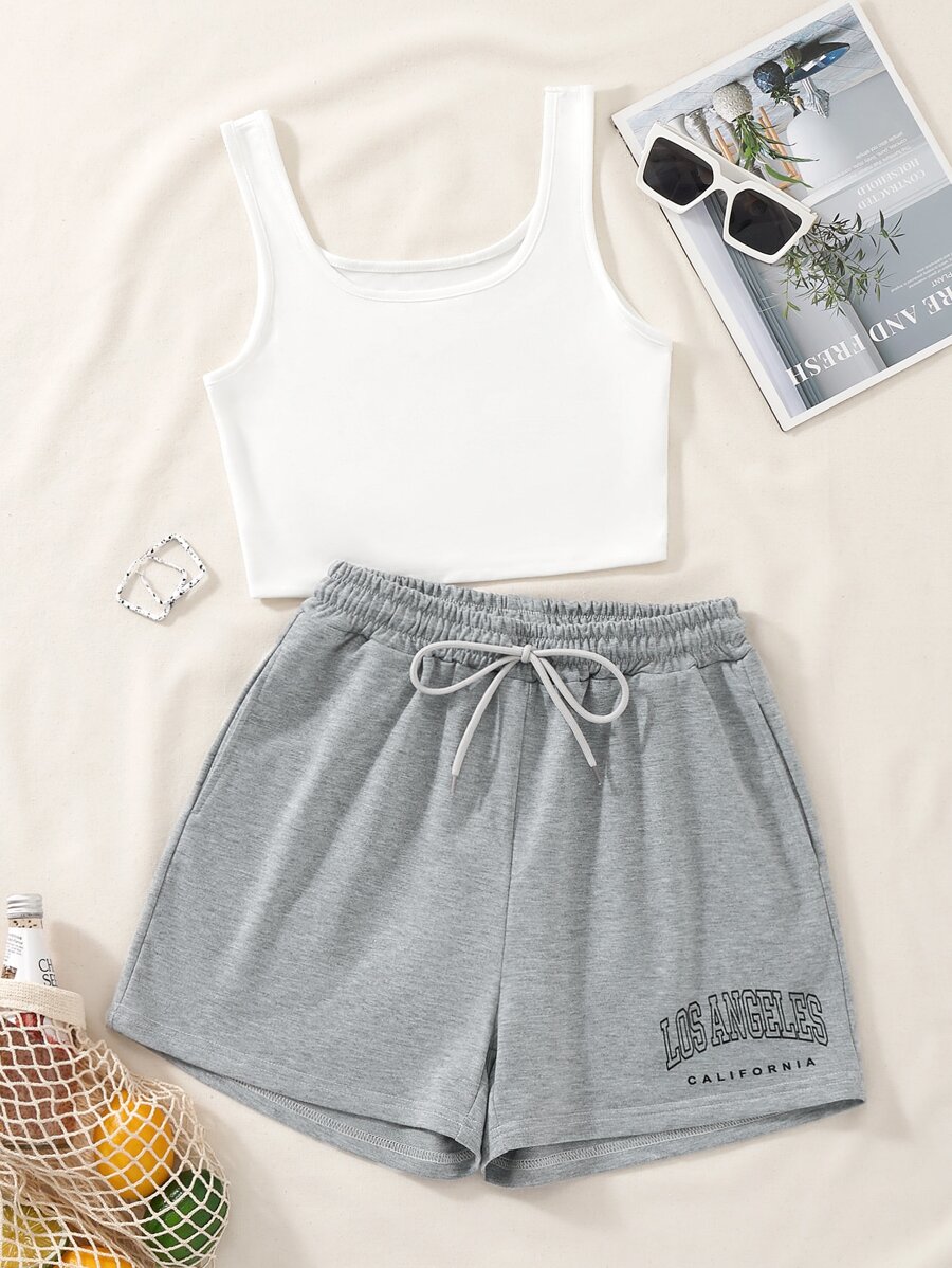 SHEIN Unity Top tank con shorts de cintura con cordón con estampado de letra - Multicolor - Ver 1