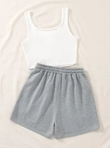 SHEIN Unity Top tank con shorts de cintura con cordón con estampado de letra - Multicolor - Ver 2