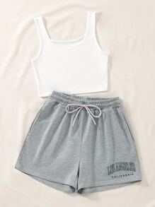 SHEIN Unity Top tank con shorts de cintura con cordón con estampado de letra - Multicolor - Ver 6