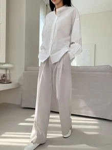 DAZY 纯色落肩长袖女式衬衫 - 白色 - 查看 4