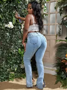 SHEIN Unity High Waist Bootcut Leg Jeans - Light Wash - View 2