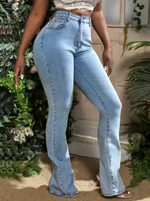 SHEIN Unity High Waist Bootcut Leg Jeans - Light Wash - View 3