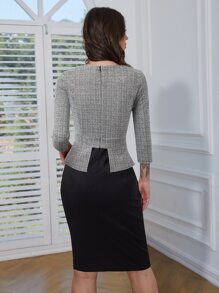 HOMEYEE Two Tone Asymmetrical Neck Peplum Waist Business Formal Dress - Multicolor - View 2