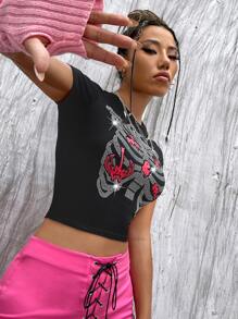 ROMWE PUNK 水鑽骷髏圖案字母圖案短款T恤 - 黑色 - 查看 6