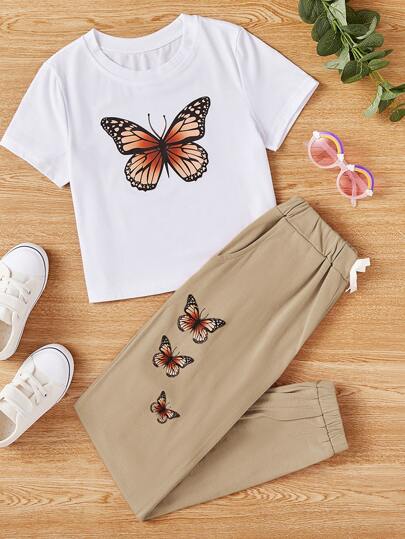 SHEIN 少女蝴蝶印花T恤和運動褲，可愛青春活潑，休閒運動風格，蝴蝶圖案，舒適面料
