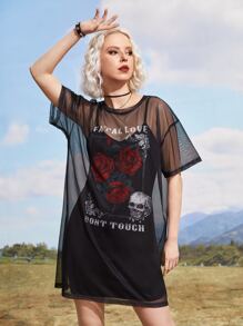 ROMWE Goth Mesh Dress & Rose And Skull Print Cami Dress - Black - View 1
