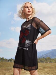 ROMWE Goth Mesh Dress & Rose And Skull Print Cami Dress - Black - View 5