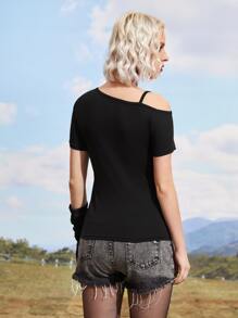 ROMWE Goth 字母骷髏頭圖案鏤空T恤 - 黑色 - 查看 2