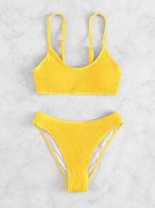 SHEIN Swim Summer Beach Plain Textured Bikini - Yellow - View 3