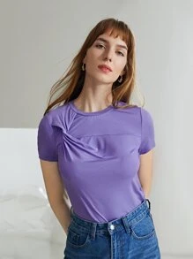 MOTF PREMIUM MULBERRY BLEND SILK FITTED T-SHIRT - Purple - View 5