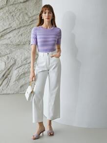 MOTF PREMIUM 100% SILK STRIPED KNIT TOP - Purple - View 1