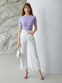 MOTF PREMIUM 100% SILK STRIPED KNIT TOP - Purple - View 3