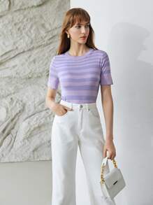 MOTF PREMIUM 100% SILK STRIPED KNIT TOP - Purple - View 4