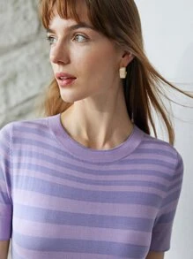 MOTF PREMIUM 100% SILK STRIPED KNIT TOP - Purple - View 6