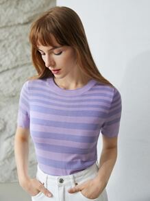 MOTF PREMIUM 100% SILK STRIPED KNIT TOP - Purple - View 7