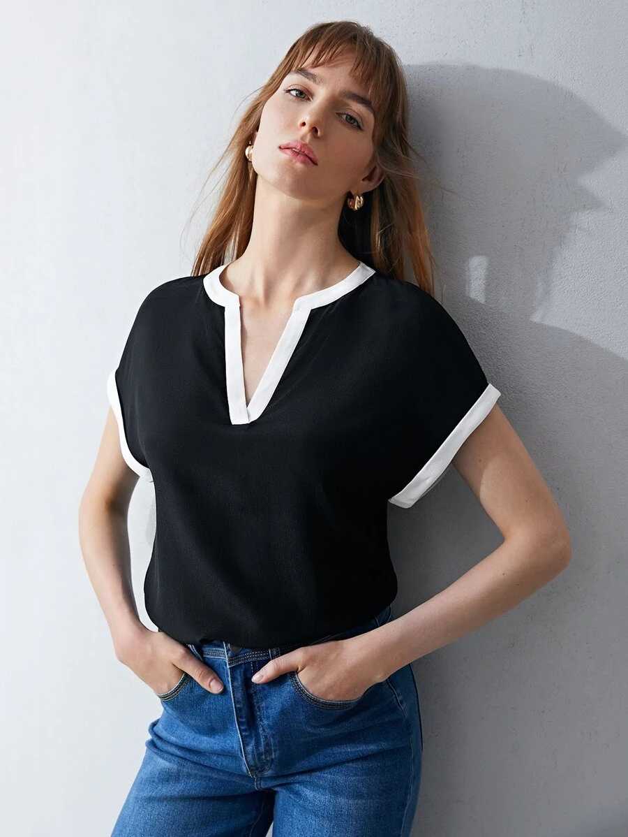 MOTF PREMIUM 100% SILK CONTRAST BINDING TOP - Black - View 1