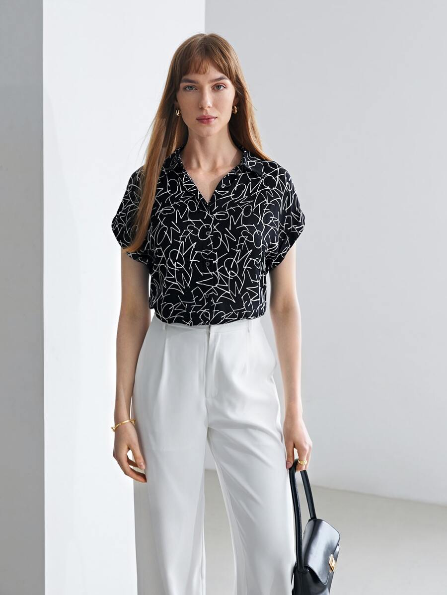 MOTF PREMIUM SILK BATWING SLEEVE SHIRT - Black and White - View 1