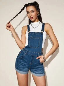 Patched Pocket Button Front Denim Dungarees - Dark Wash - View 3