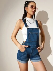 Patched Pocket Button Front Denim Dungarees - Dark Wash - View 4