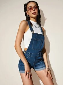 Patched Pocket Button Front Denim Dungarees - Dark Wash - View 5