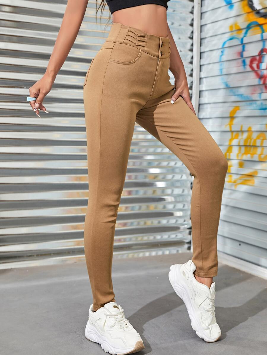 High Waist High Stretch Skinny Jeggings - Khaki - View 1