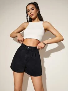 SHEIN EZwear High Waisted Denim Wide Leg Shorts, Mom Shorts - Black - View 3