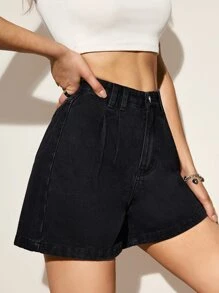 SHEIN EZwear High Waisted Denim Wide Leg Shorts, Mom Shorts - Black - View 5