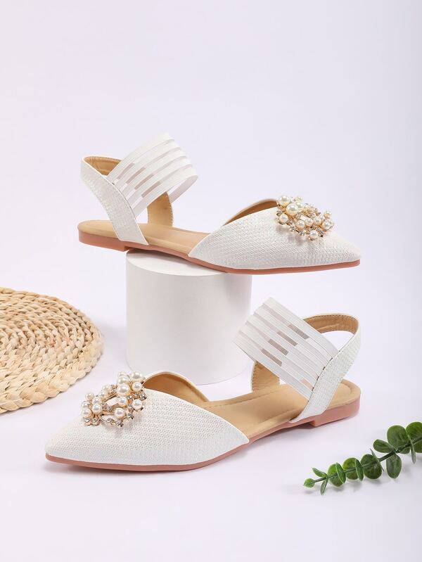 حذاء مسطح بشريط خلفي ديكور حجر الراين ولؤلؤ صناعي