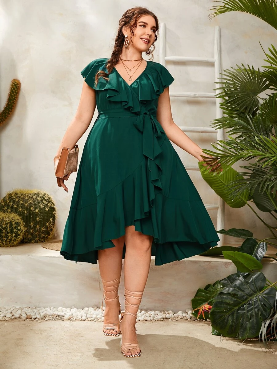 SHEIN LUNE Vestido cruzado ribete con fruncido - Verde Oscuro - Ver 1