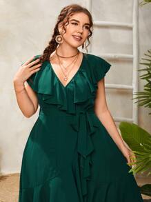 SHEIN LUNE Vestido cruzado ribete con fruncido - Verde Oscuro - Ver 3