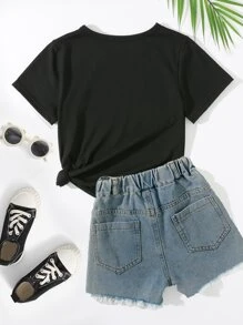 SHEIN Áo thun ngắn tay cổ tròn in hình mặt trăng và nhịp tim cho bé gái Tween - màu đen - Xem 2