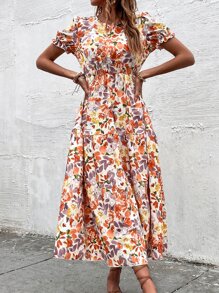 SHEIN VCAY 滿版印花泡泡袖荷葉邊連衣裙 - 彩色 - 查看 5