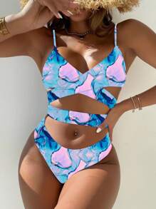 SHEIN Swim 大理石印花束綁比基尼泳衣，適用於夏季沙灘 - 彩色 - 查看 1