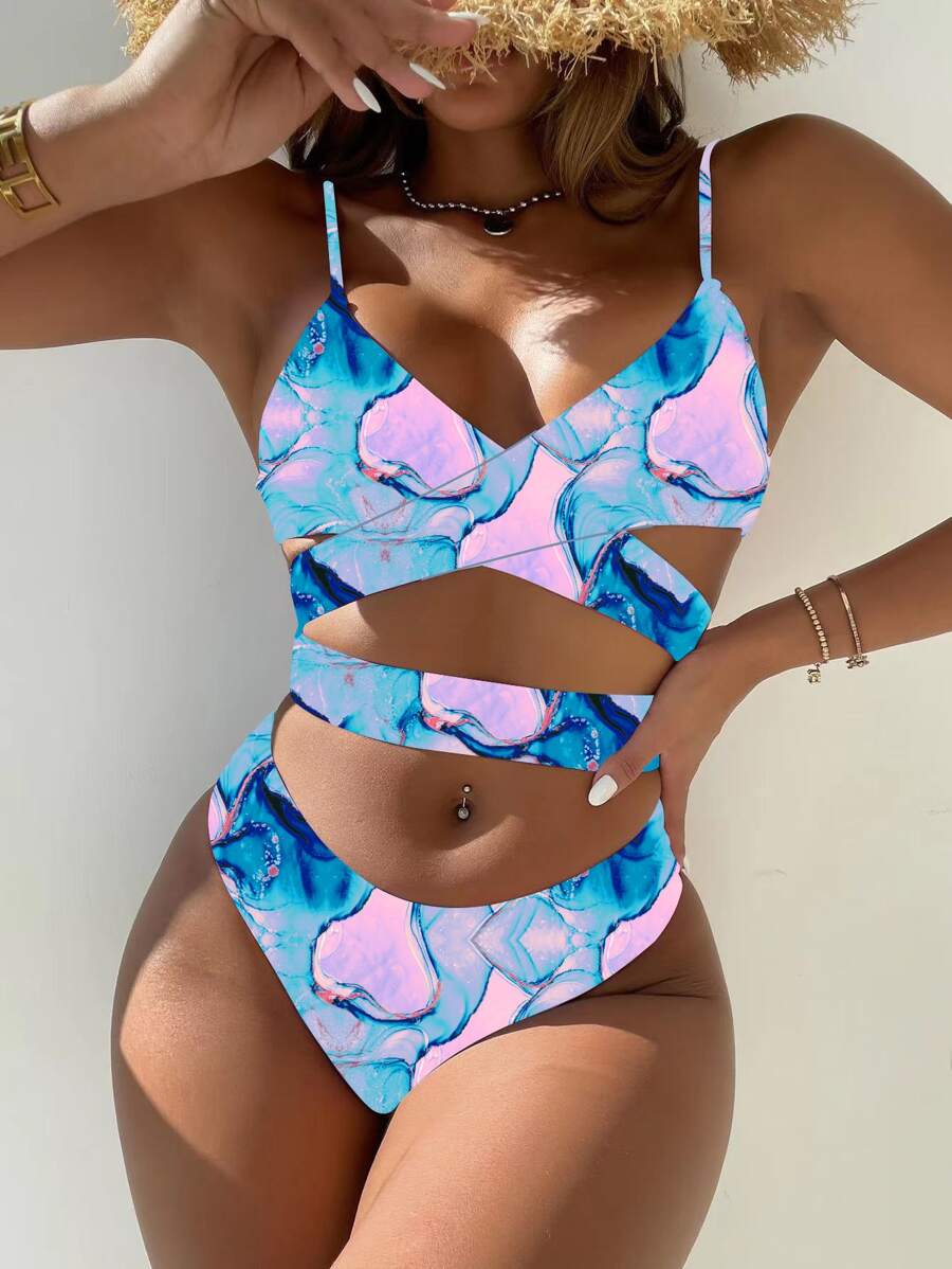 SHEIN Swim 大理石印花束綁比基尼泳衣，適用於夏季沙灘 - 彩色 - 查看 1