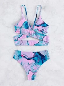 SHEIN Swim 大理石印花束綁比基尼泳衣，適用於夏季沙灘 - 彩色 - 查看 2