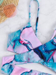 SHEIN Swim 大理石印花束綁比基尼泳衣，適用於夏季沙灘 - 彩色 - 查看 3