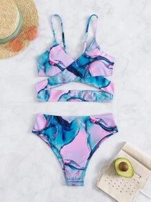 SHEIN Swim 大理石印花束綁比基尼泳衣，適用於夏季沙灘 - 彩色 - 查看 6