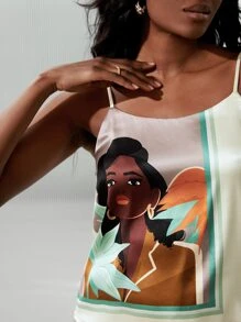 MOTF X Nicholle Kobi 100%真絲人像圖案吊帶上衣 - 米色 - 查看 3