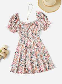 SHEIN Clasi Plus Allover Floral Print Puff Sleeve Knotted Dress - Multicolor - View 1