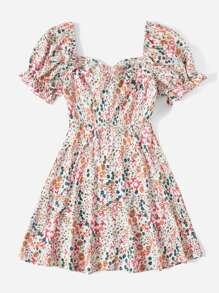SHEIN Clasi Plus Allover Floral Print Puff Sleeve Knotted Dress - Multicolor - View 2