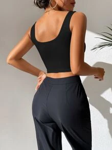 SHEIN PETITE Top tank corto unicolor de cuello scoop - Negro - Ver 2