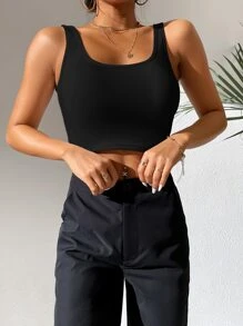 SHEIN PETITE Top tank corto unicolor de cuello scoop - Negro - Ver 5